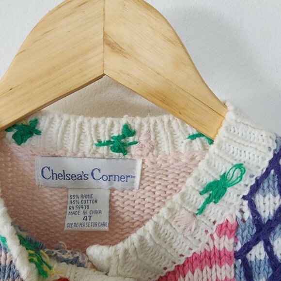 Chelseas Corner 4T Crewneck Sweater 90s Vintage Chunky Pastel Floral - Picture 2 of 4